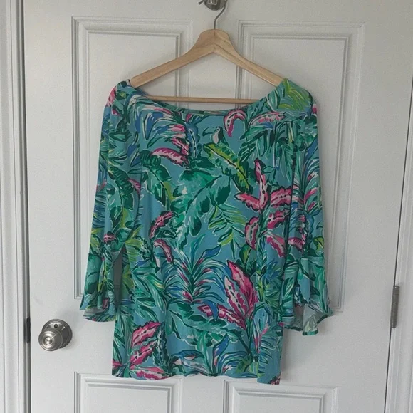 Lilly Pulitzer Blue and Pink Leaf Print Blouse - Picture 1 of 5